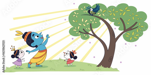 Children admire a bird perched on a tree under the sun
