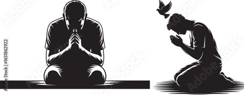 Conceptual illustration set of a man's journey from despair to hope through prayer, with a dove symbolizing peace and spiritual release.