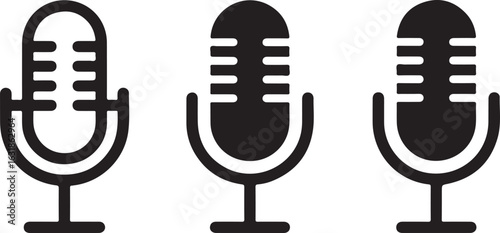 Three vintage style microphones in black and white