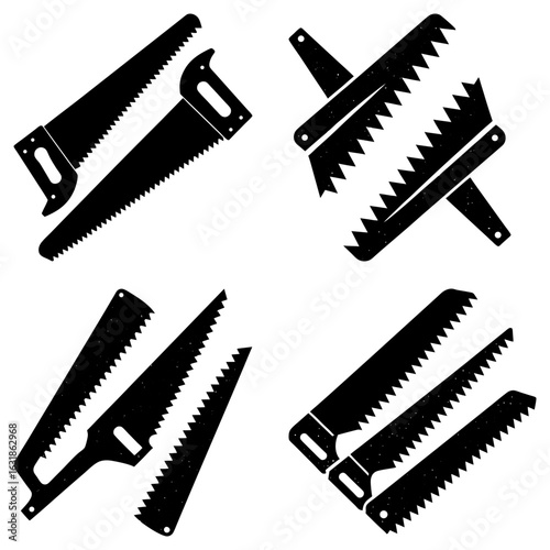 Illustration of various hand saws with different designs and sizes in black and white graphic style design