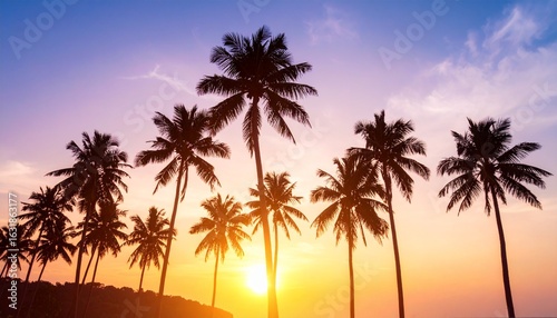 Vibrant palm tree silhouettes stand tall against a glowing sunset horizon, with rich orange, pink, and purple hues blending into a tropical, serene evening sky.
