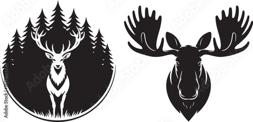 Wild animal vector logo set with a deer in a pine forest and a moose head silhouette. Monochrome icons for outdoor and hunting themes.