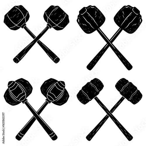 Illustration of crossed black stone maces with detailed texture and varying head designs on white background