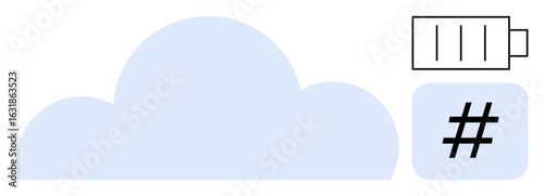 Cloud representing data storage, battery indicating energy reliance, and metadata tag symbolizing social media. Ideal for technology, energy use, sustainability, SaaS, digital trends, cloud storage