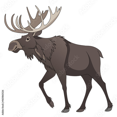 Cartoon moose walking with large antlers isolated on white background