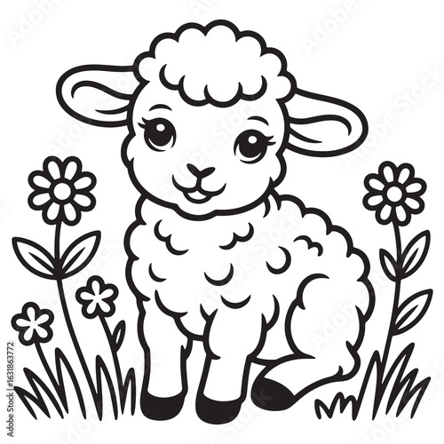 Happy Cartoon Lamb with Curly Wool and Sweet Smile Line Art for Kids Coloring Page