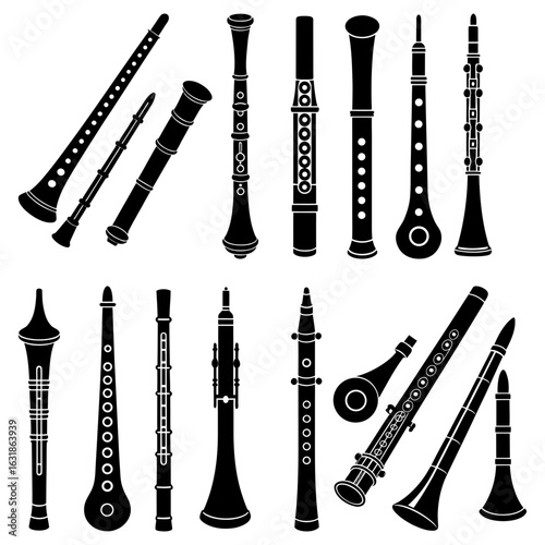 Collection of various black woodwind instruments including clarinets and oboes in silhouette style