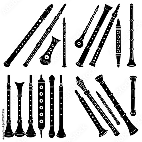 Illustration showing various wind instruments including clarinets and oboes in a black and white design