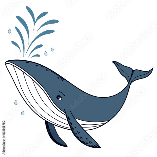 Cute cartoon whale spouting water isolated on white background