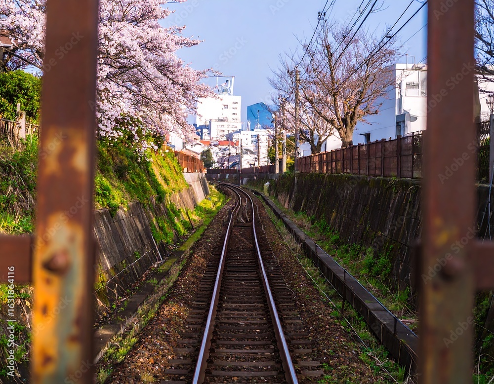 Fototapeta premium Cherry blossoms frame a railway track