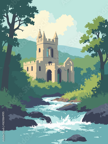 Neath – Neath Abbey ruins framed by river rapids in sandstone beige, river teal, ivy green, and mist white