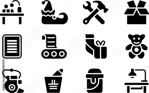 Bold Black Glyph Icons:  Tools, Toys,  Packaging, and Workplace Symbols.