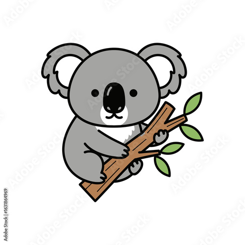 Adorable cartoon koala illustration clinging to a tree branch. Cute Australian animal character isolated on a white background.