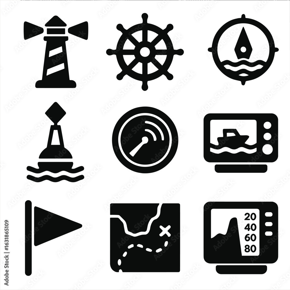 Naklejka premium Marine Navigation Icons. Solid style icons of marine navigation: lighthouse icon, ship wheel symbol, compass with waves, buoy