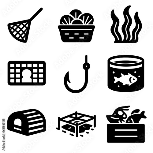 Aquatic Harvesting Icons. Solid style icons of aquatic food harvesting: fishing net icon, shellfish harvesting basket, seaweed