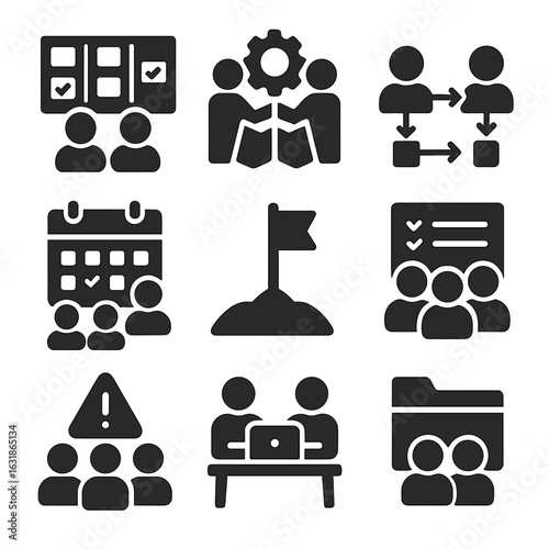 Teamwork Icons Collection. Solid style icons of project teamwork: team with task board, collaborative planning icon, workflow