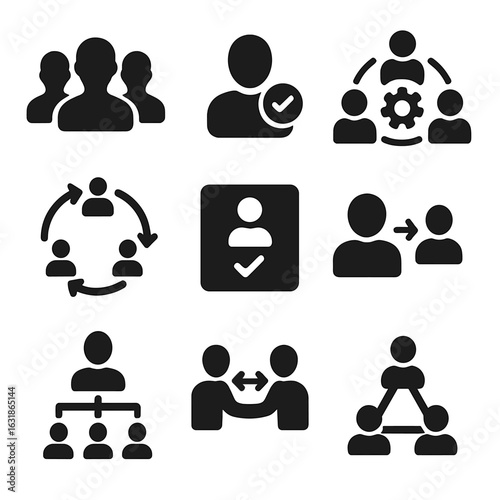 Team Role Icons. Solid style icons of team roles and structure: department icons, person with task badge, shared responsibilities