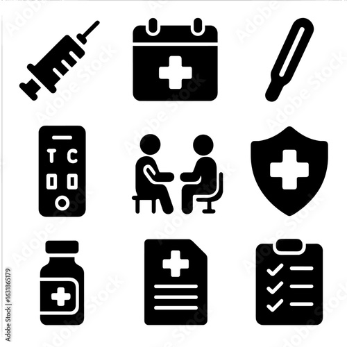 Preventive Care Icons. Solid style icons of preventive care: vaccine syringe icon, checkup calendar, thermometer symbol,