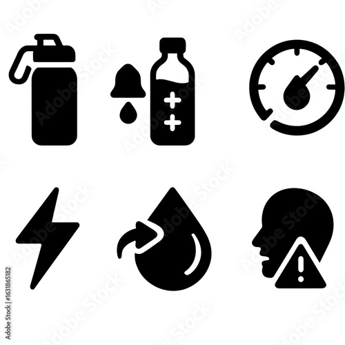 Hydration and Energy Icons. Solid style icons of hydration and energy: reusable water bottle, hydration reminder icon, electrolyte