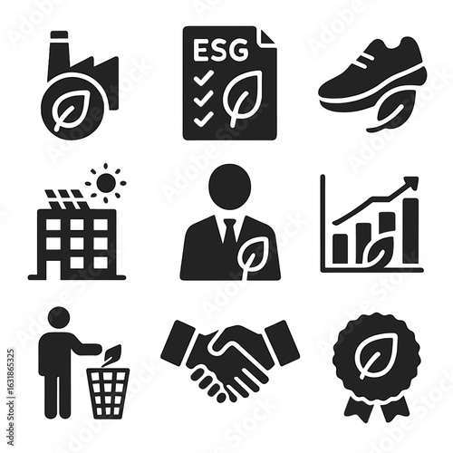 Sustainability Icons Collection. Solid style icons of corporate sustainability: green factory badge, ESG report icon, corporate