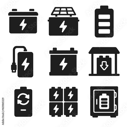 Battery Storage Icons. Solid style icons of battery storage and innovation: lithium battery icon, solar storage pack, battery with