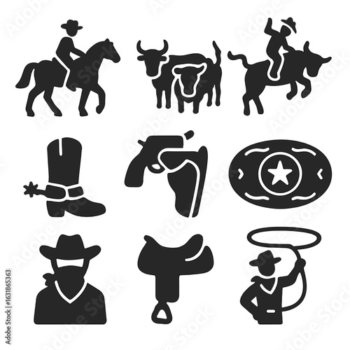 Cowboy Culture Icons. Solid style icons of cowboy culture: cowboy riding horse, cattle herd icon, rodeo bull rider, spurred boot,