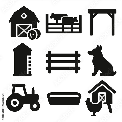 Farm Icons Collection. Solid style icons of farm and ranch life: barn with hay, cattle corral, ranch gate icon, grain silo, farm