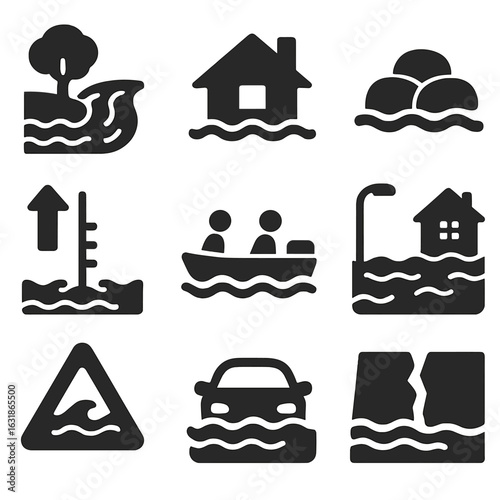 Flood Icon Set. Solid vector icons of floods and water damage: overflowing riverbanks, submerged house icon, sandbag barrier icon,