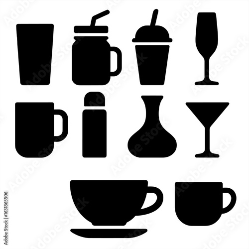 Beverage Container Icons. Solid vector icons of beverage containers: tall glass, mason jar with straw, tumbler cup icon, champagne