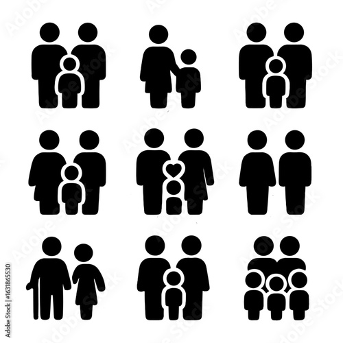 Diverse Family Icons. Solid vector icons of family structures: nuclear family with two parents and child, single parent with one