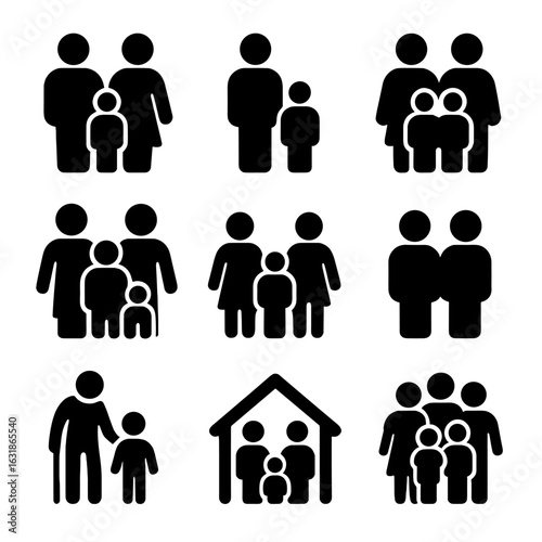 Diverse Family Icons. Solid vector icons of family structures: nuclear family with two parents and child, single parent with one