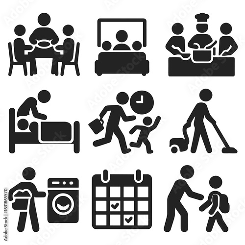 Household Routine Icons. Solid vector icons of household routines: meal together, family watching TV, group cooking session,