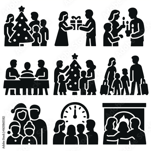 Holiday Family Icons. Solid style icons of holiday family moments: family around tree, festive gift sharing, lighting candles