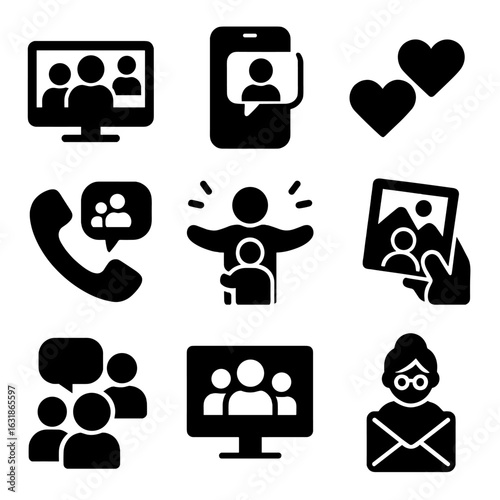 Remote Family Connection Icons. Solid style icons of remote family connection: video call with family, mobile chat icon,