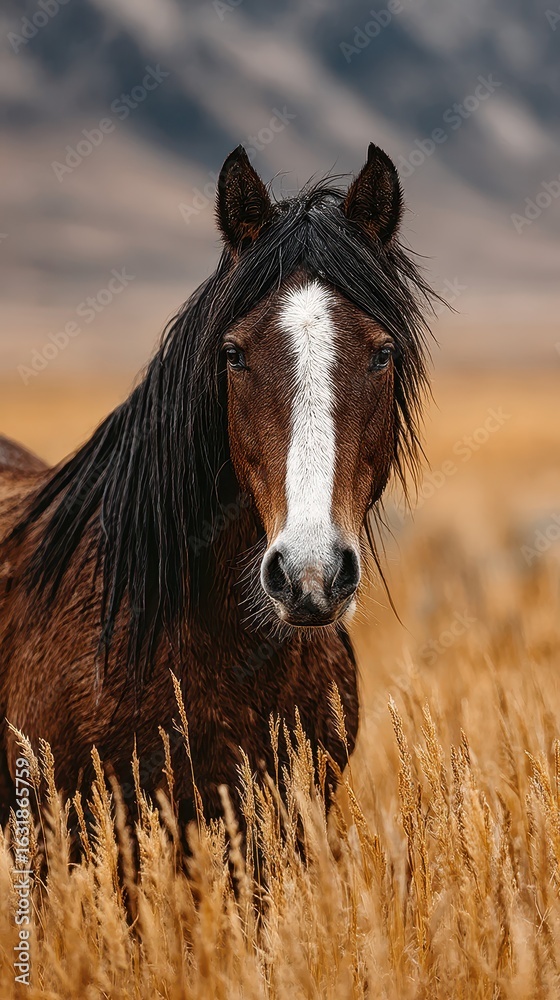 Obraz premium Majestic brown horse stands in golden grass under a clear sky at sunset in a serene landscape