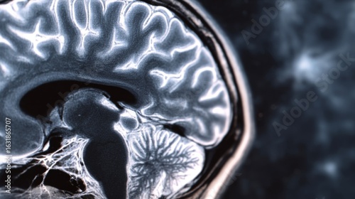 Close-up of neurological MRI scan showing white matter lesions, representing multiple sclerosis diagnosis and brain disease research, medical concept with copy space.	