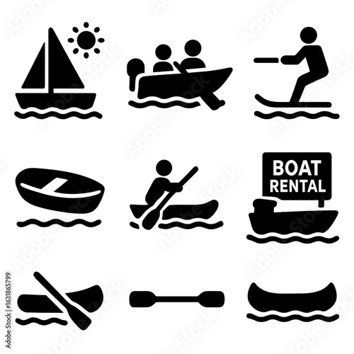 Recreational Boating Icons. Solid vector icons of recreational boating: sailboat under sun, family in motorboat, rowing for fun