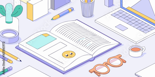 Isometric illustration of a desk with a book laptop and writing supplies
