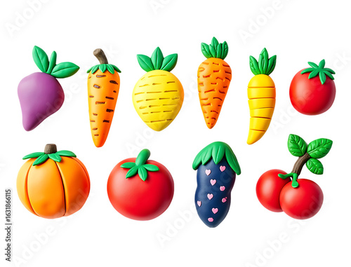 Colorful clay fruit and vegetable magnets isolated on a transparent background carrot