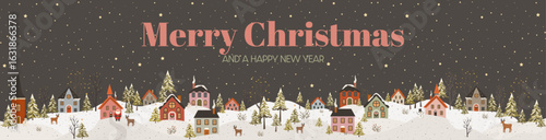 Christmas greetings banner with a peaceful snowy Santa Claus village, starry night, colorful houses, reindeers, snowmen and colorful text, vector illustration