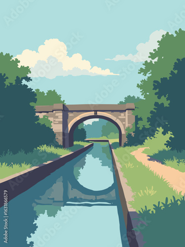 Great Sankey – Sankey Canal aqueduct and towpath in aqueduct gray, canal blue, path brown, and foliage green