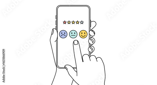 User providing feedback on a mobile application, selecting a neutral emoji for a customer satisfaction rating. Customer experience concept.