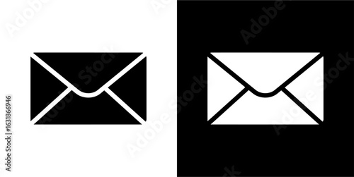 Minimalist mail and email icon set. Simple black and white envelope graphics for communication, messages, and contact.