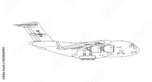 Blueprint Line Art of C-17 Globemaster III – Technical Military Aircraft Drawing – Side Profile Schematic Style