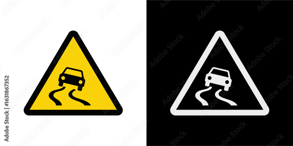 Obraz premium Slippery road warning sign illustration. Traffic safety symbol with a car skidding. Vector icon set isolated on white and black backgrounds for driving awareness.