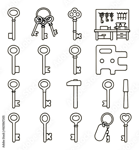 Collection of vintage keys and locksmith tools on textured background