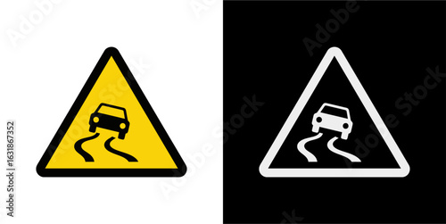 Slippery road warning sign illustration. Traffic safety symbol with a car skidding. Vector icon set isolated on white and black backgrounds for driving awareness.