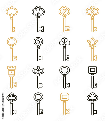 Set of vintage skeleton keys with unique designs on warm gold background