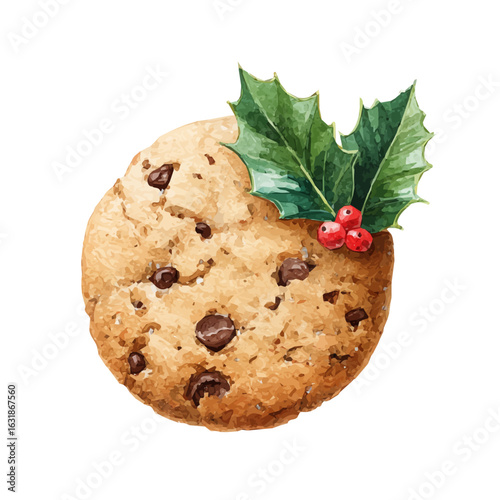 Aesthetic hand-painted watercolor of a chocolate chip cookie with holly berry, featuring soft tones and artistic simplicity, isolated on white, EPS vector ready.