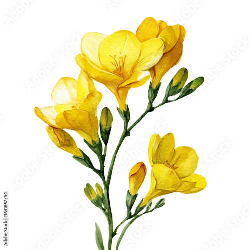 Botanical yellow freesias from a side view artwork in a dreamy watercolor style, AI-assisted vector design in EPS format, isolated against a pure white background.
